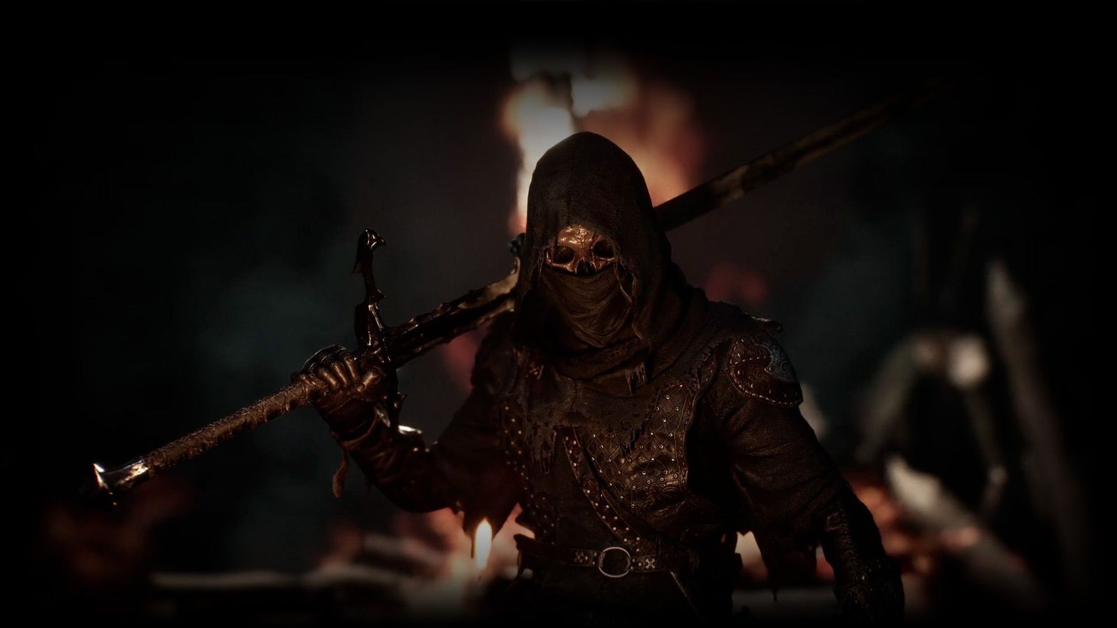 Mortal Shell II key art: an armored warrior bearing a sword against a burning backdrop